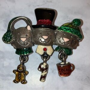 Vintage Cat Brooch with Christmas Holiday Charms Winter Pendant Pin Jewelry